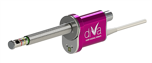 Laser vaginal therapy device in pink and silver.