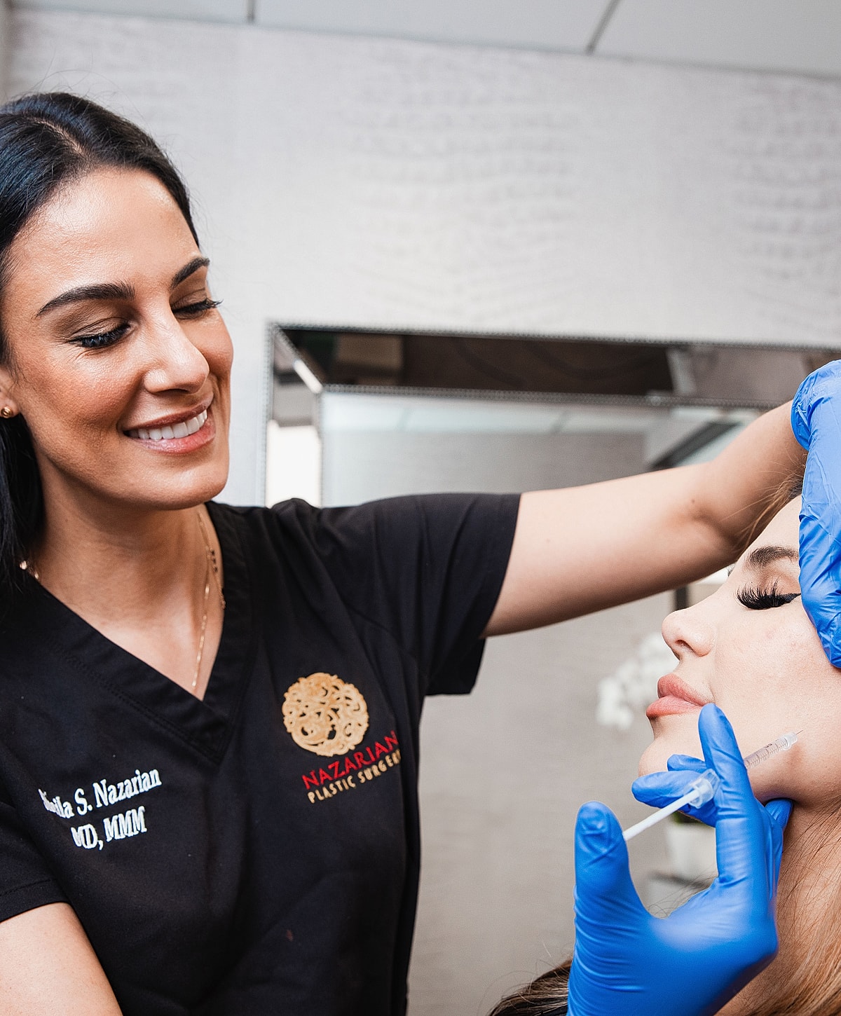 Medical professional performing cosmetic treatment on patient.