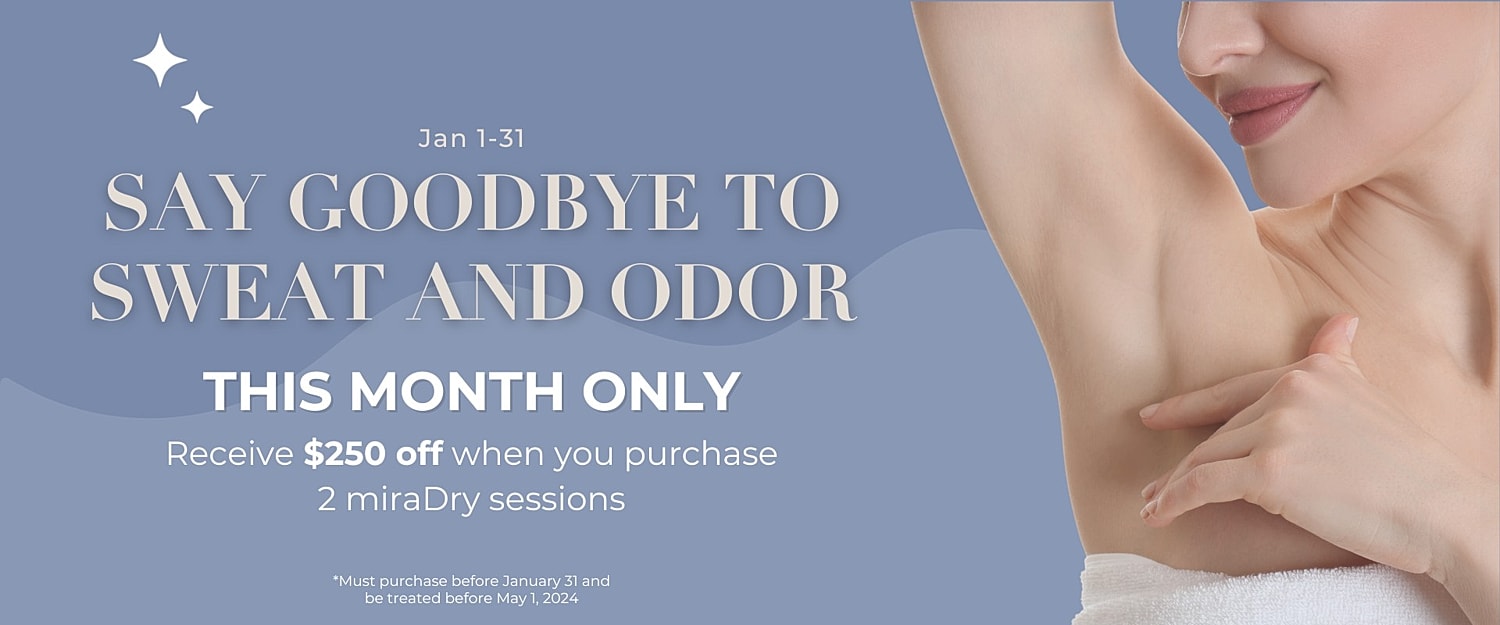 Promotion for miraDry sessions and odor relief.