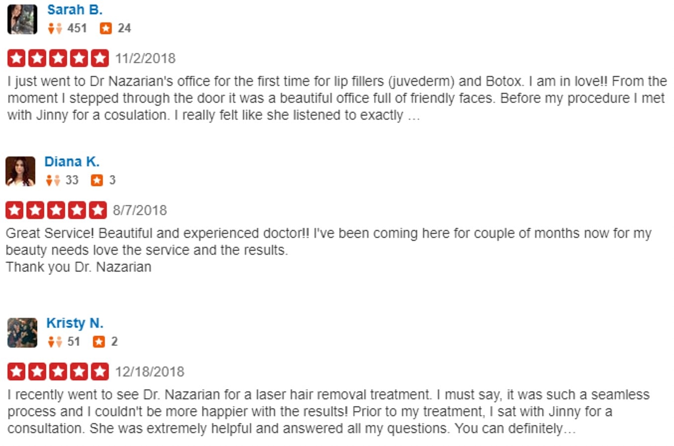 Reviews highlighting Dr. Nazarian's services and experience.