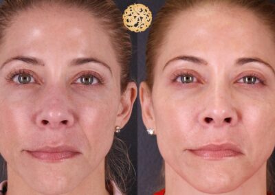 Front view of woman pre and post microneedling treatment.